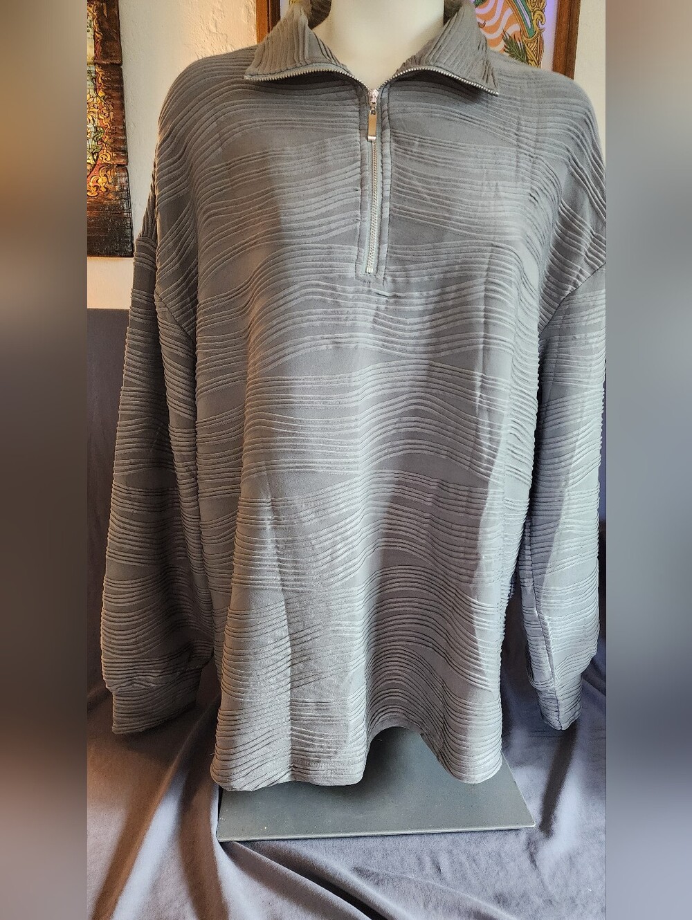 Quarter-Zip Ribbed Pullover Sweatshirt - Gray